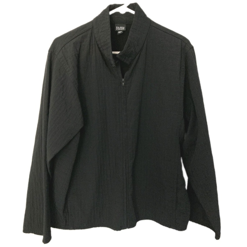 Eileen Fisher Jacket Women L Black Textured Nylon Blend Zip Front Lined EUC